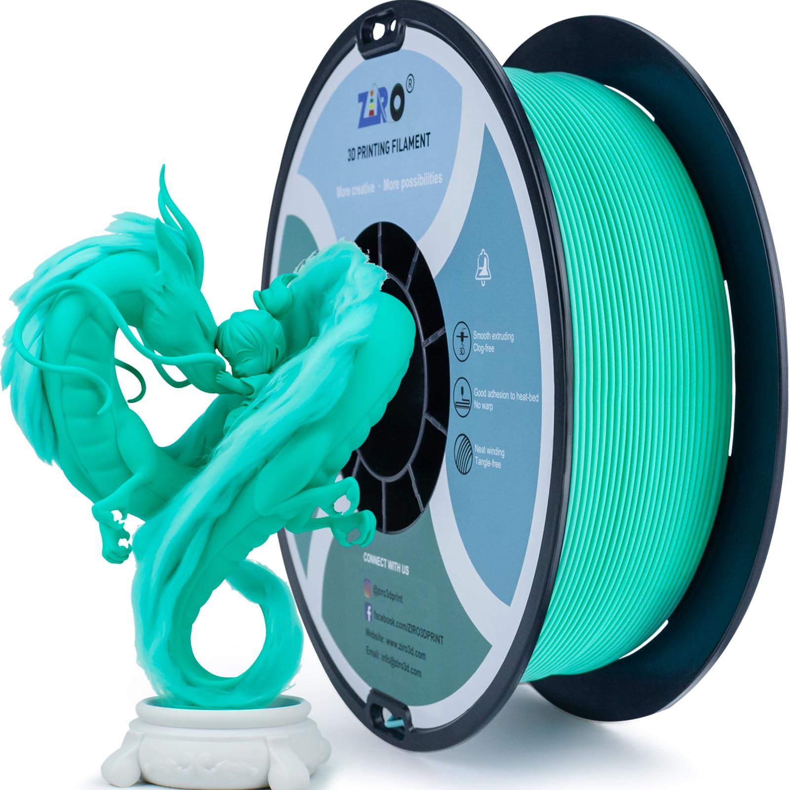 ZIRO Matte PLA Filament 1.75mm, 1KG 3D Printer Filament, High Toughness PLA, Dimensional Accuracy +/- 0.03mm, Matte Cyan