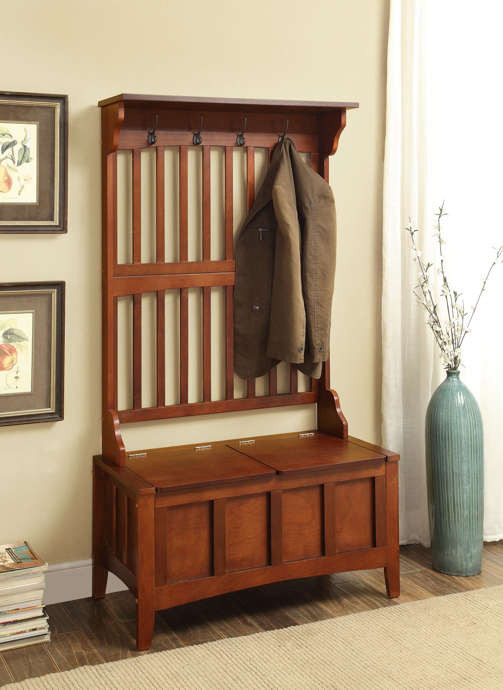 Care 4 Home LLC Entryway Hall Tree Storage Bench Ottoman with 4 Hooks