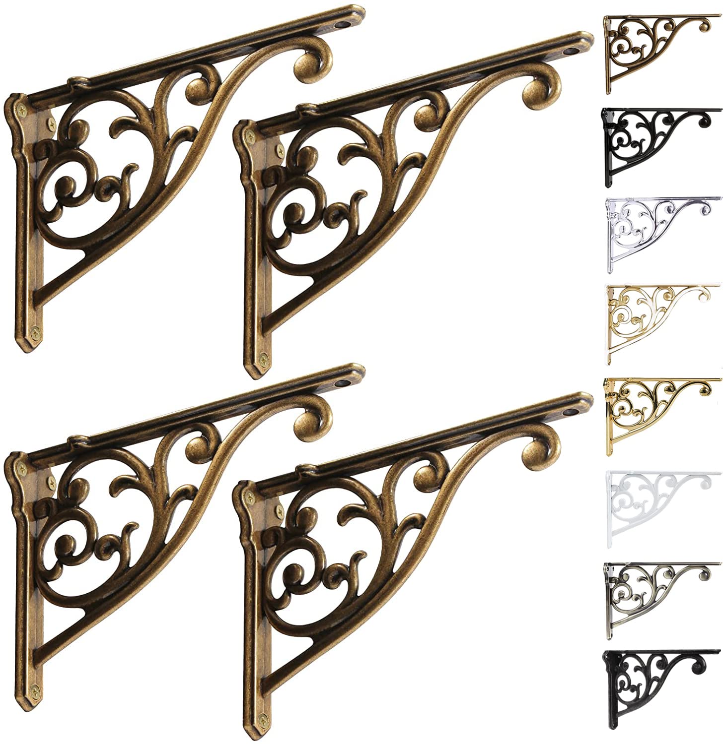 Photo 1 of Shelf Brackets 8 Inch 4 Pack Heavy Duty Antique Brass Wall Bracket Victorian Kitchen Decorative Rack Shelves, Shelf Bracket Available in 8 finishes. (4, Antique Brass)