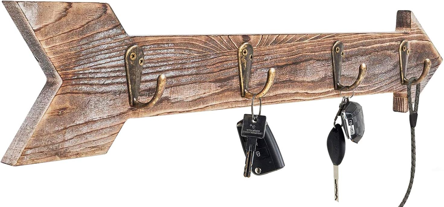 CHICVITA Farmhouse Key Holder for Wall Rustic Arrow Wall Decor with Hooks Wall Mounted Small Coat Rack Organizer Dog Leash Hooks for Entryway Front Door