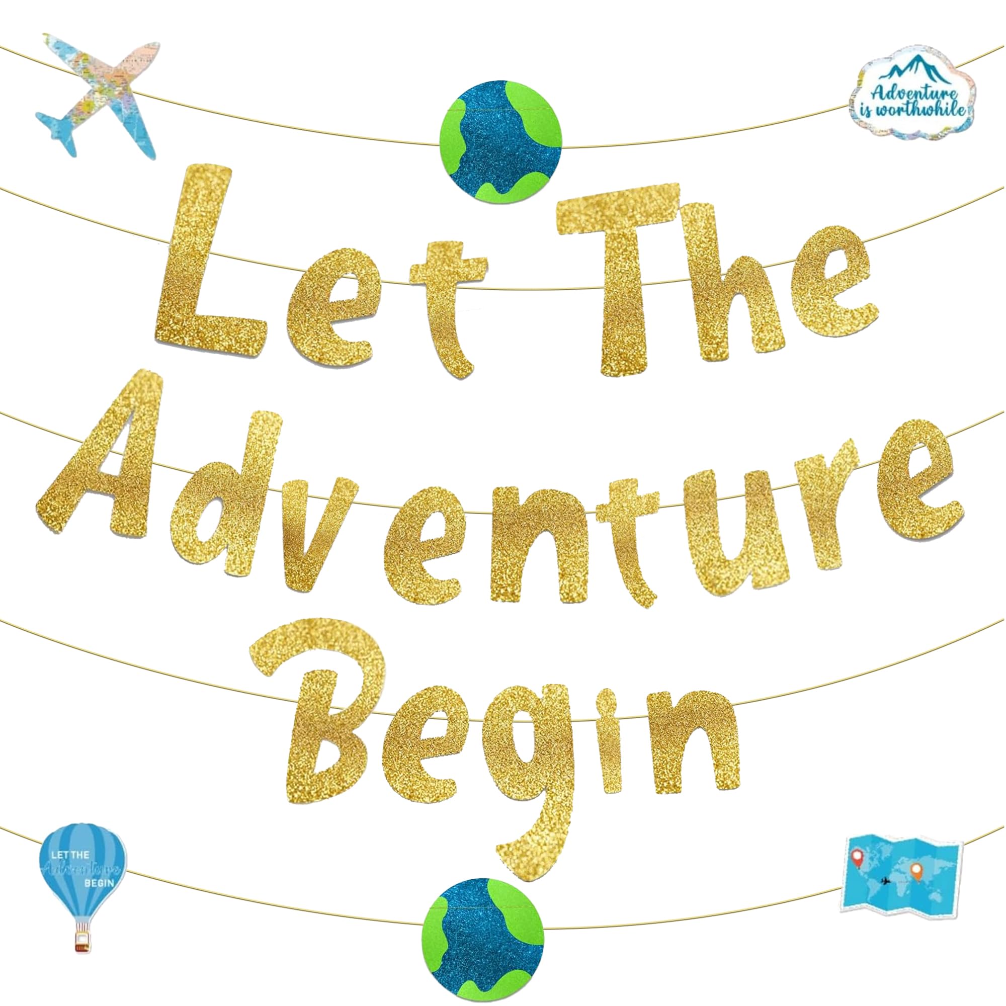 Let The Adventure Begin Gold Glitter Banner Graduation Banners Newborn BannersTravel Banner Funny Farewell Party Decorations Travel Theme Party Decoration for Men Women Boys Girls