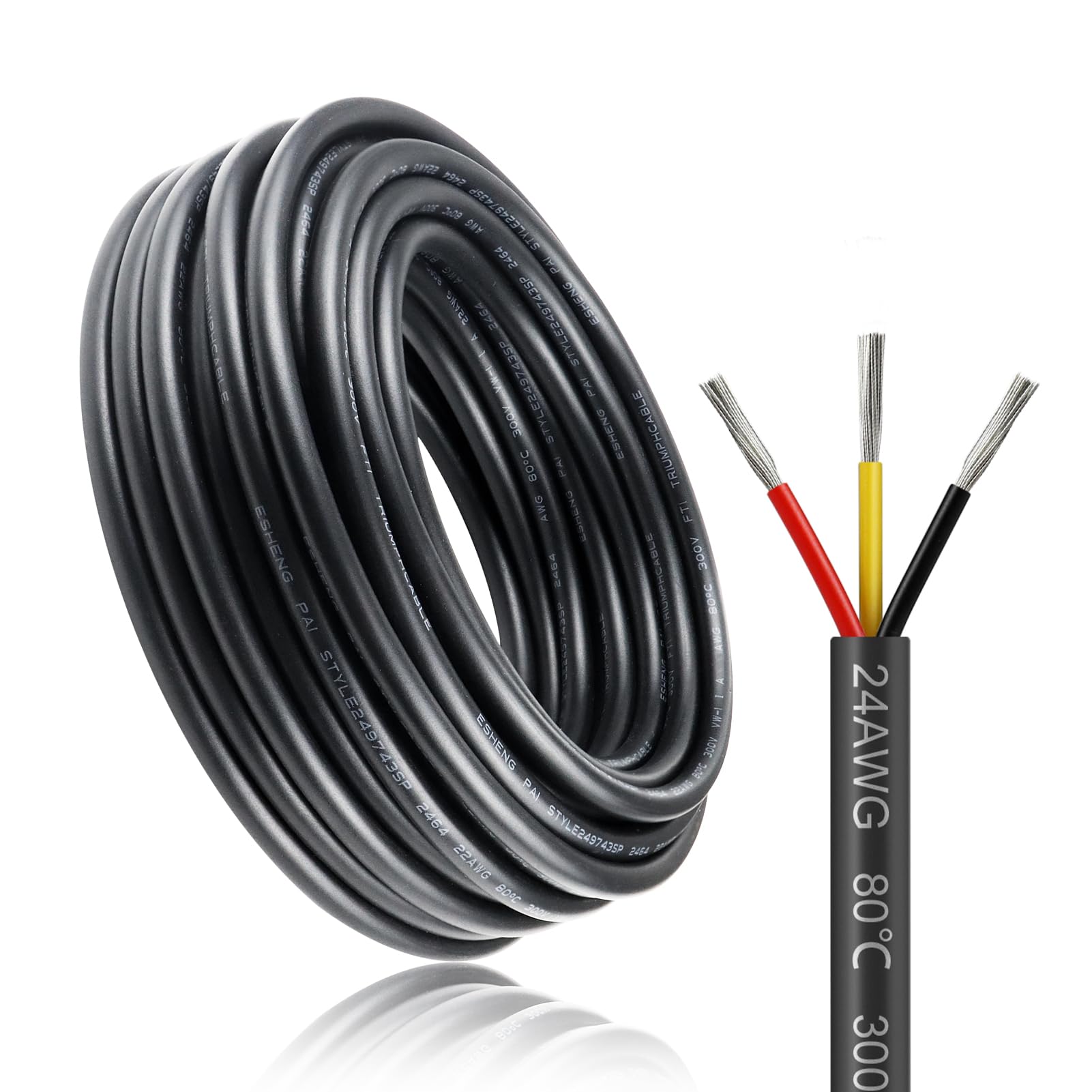 24AWG 10M/32.8ft 3x0.2mm² Electrical Wire, 3 Core Cable 5V/12V/24V Low Voltage Tinned Copper Wire, Flexible and Soft 300V Outdoor Cable High Temperature Resistant Extension Cable with Anti-Static Bag