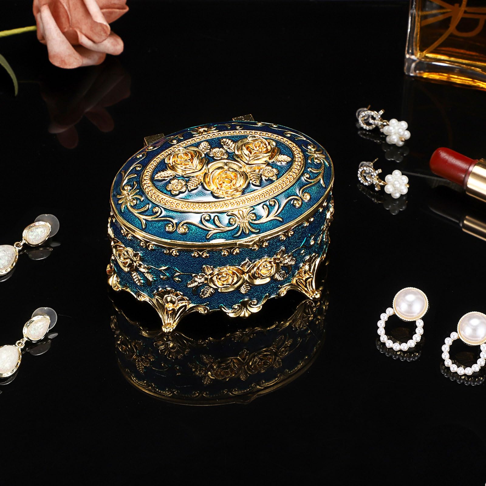 Hipiwe Vintage Metal Jewelry Box - Oval Trinket Box Ring Case with Rose Pattern Jewelry Storage Box for Ring Earrings Necklace, Keepsake Box for Women