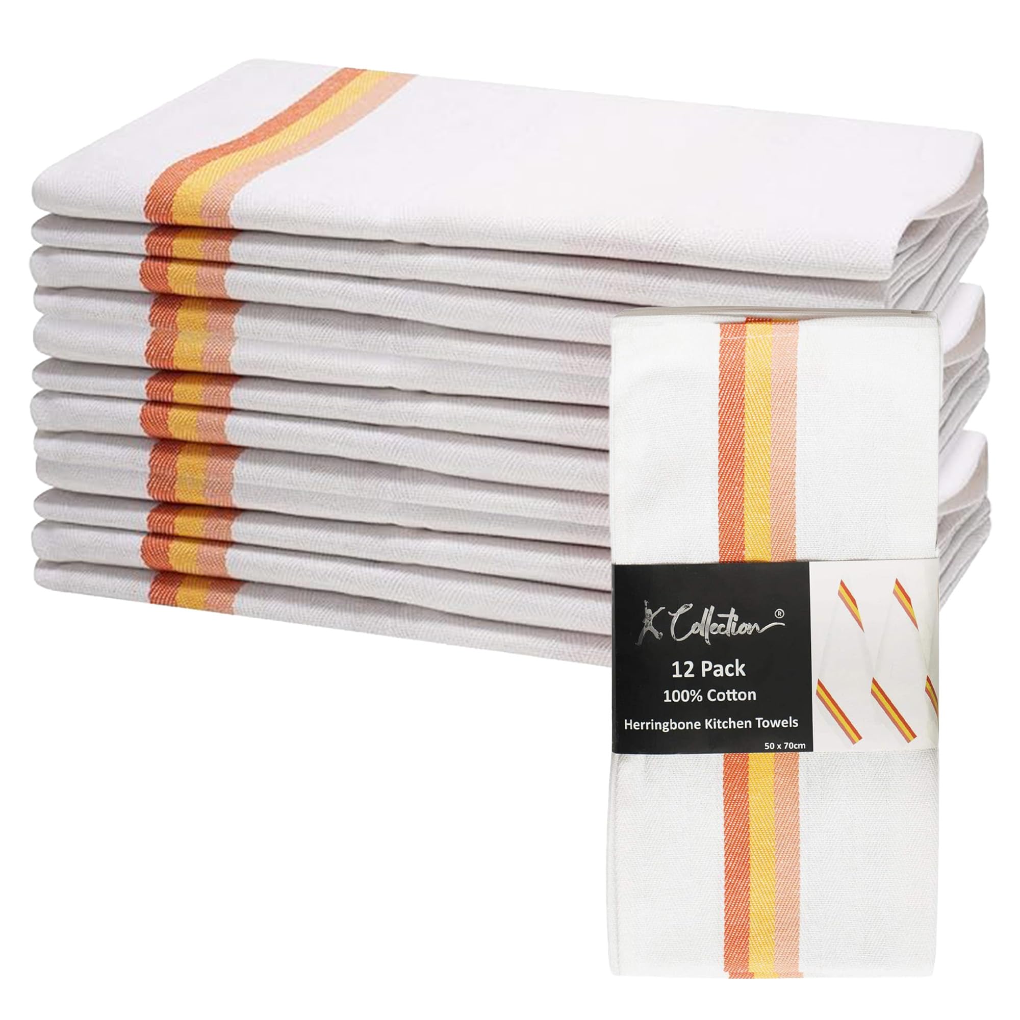 K Collection 12 Pack Kitchen Towels - 100% Pure Cotton Classic Herringbone Weave - Large Size (50 x 70cm) - Absorbent, Lint Free, Restaurant Bar Glass Kitchen Cloths Dish Tea Towel - (Red Pack)