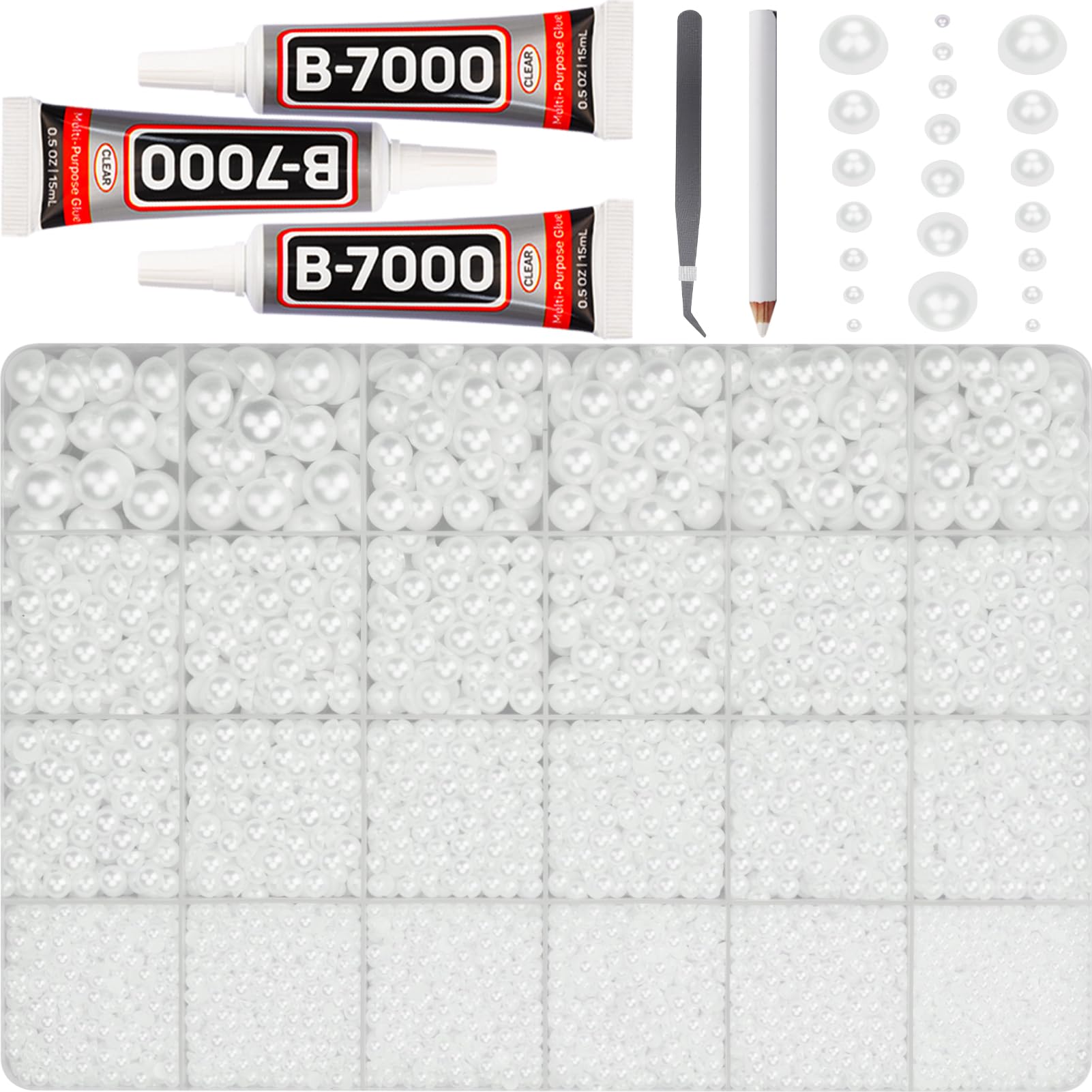 Photo 1 of 17000Pcs White Half Pearls Beads for Crafting, Flat Back Pearls Rhinestones Gem FlatBack Diamond for Decor Crafts Bedazzling Decoration Bedazzle Shoes Clothes Bedazzled 2,3,4,5,6,8,10mm and B7000 Glue