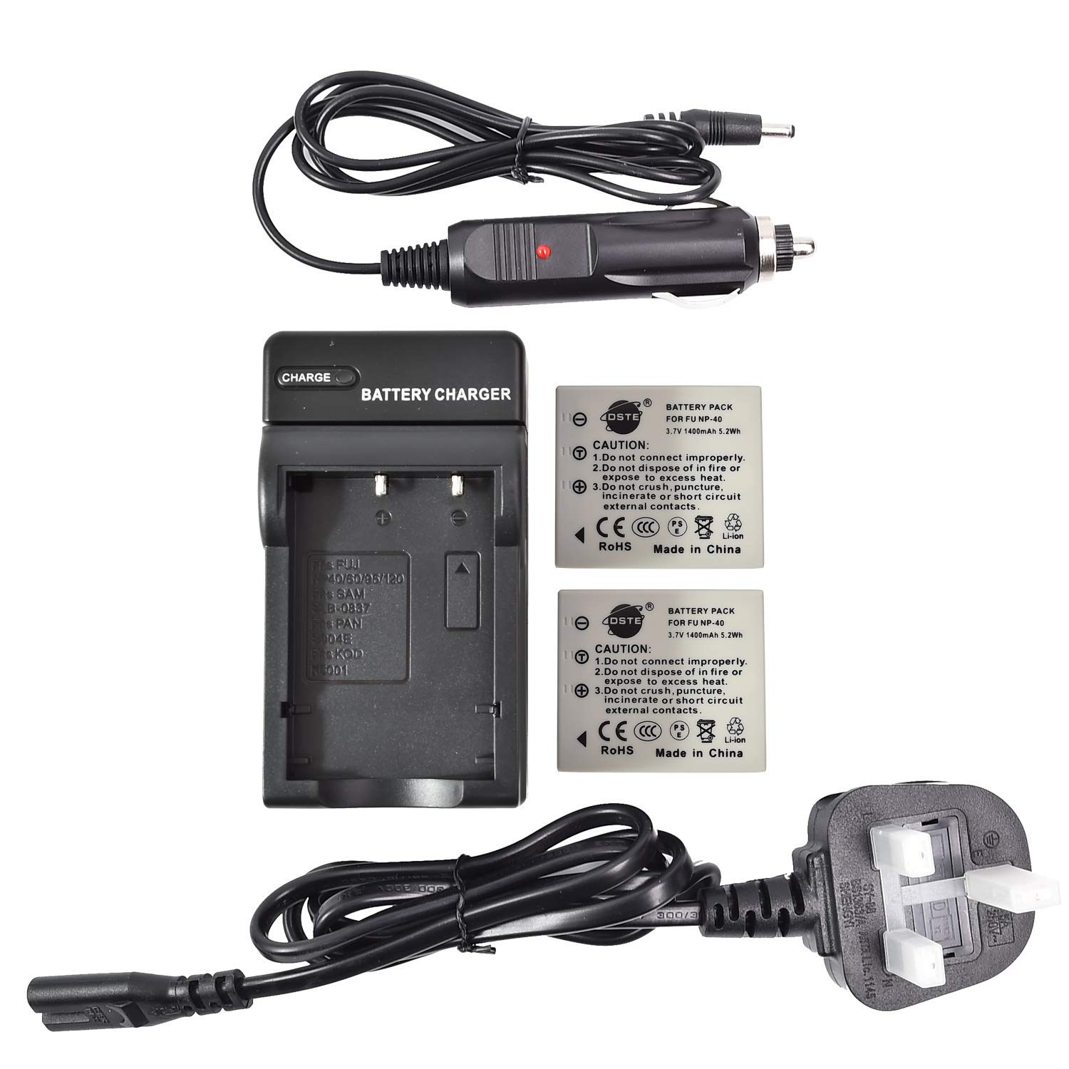 DSTE Compatible 2x NP-40 Li-ion Battery + DC29U Travel and Car Charger Replacement for Fujifilm FinePix F810 F811 J50 V10 Z1 Z2 Z3 Z5fd Camera as Fujifilm NP40 NP-40N PENTAX D-Li85 RICOH D-LI8