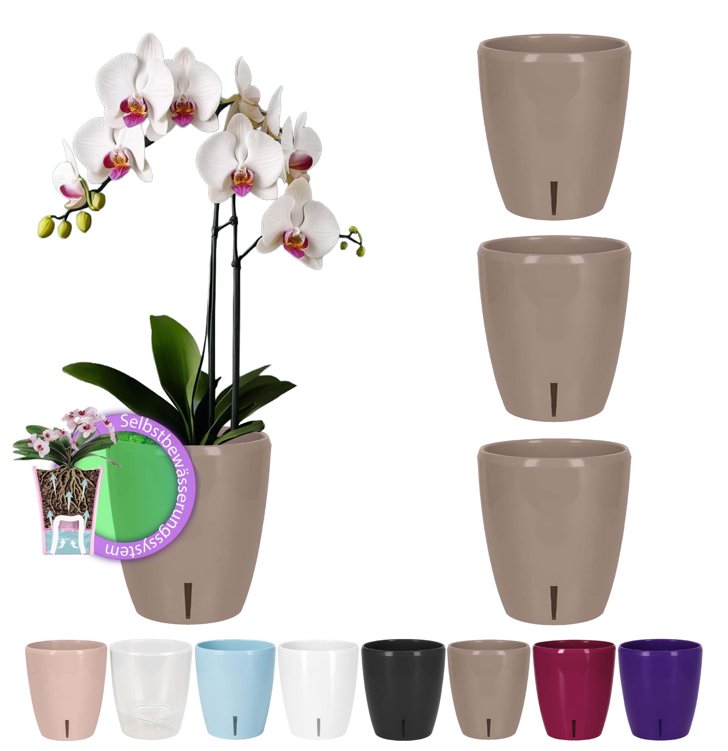 Santino Orchid Pots Self-Watering Pots with Wick System and Water Indicator for Indoor Use, Diameter 12 cm, Sand, 1.3 L, Set of 4