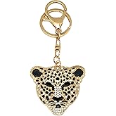 Moydolo Cute Gold Crystal Rhinestone Leopard Car Key Chain Ring Charm Sparkling Metal Cheetah Head Keychain Pendant For Women Men Backpack Purse