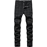 Men's Chino Pants Skinny Fit Plaid Flat-Front Stretch Slim Stylish Casual Business Dress Pants