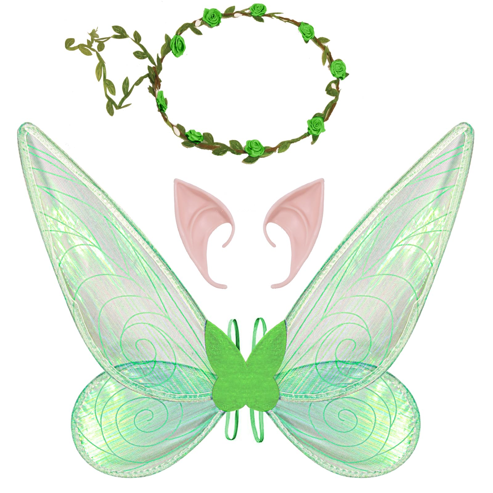 Jeackcelle Fairy Wings for Girls Women,Butterfly Wings for Adults, Halloween Costume Angel Wings with Headband Elf Ears Dress Up Cosplay Party (Green)
