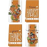 Artoid Mode Stripe Leaves Pumpkin Turkey Thanksgiving Kitchen Towels Dish Towels, 18x26 Inch Farmhouse Holiday Thankful Decoration Cleaning Set of 4