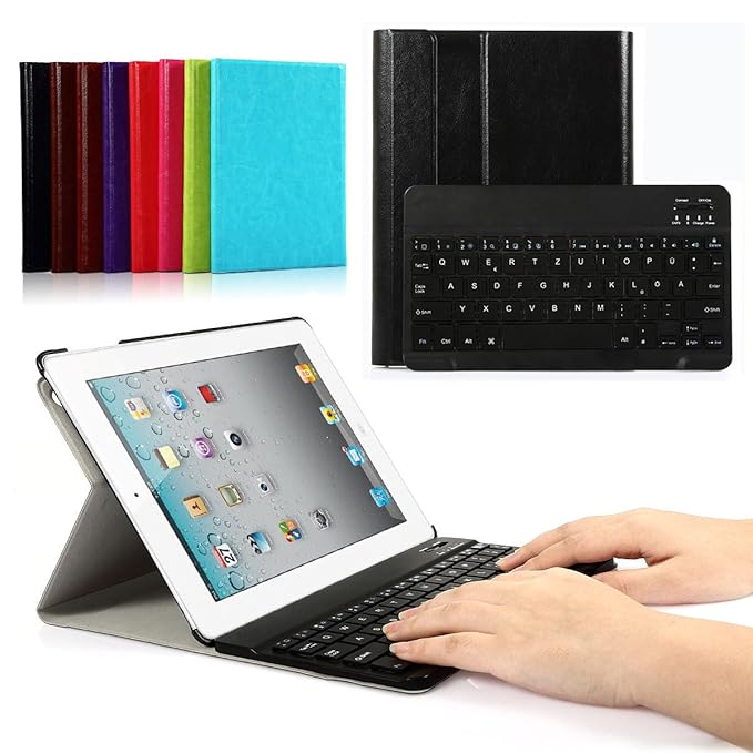 Bluetooth Tastatur Hülle für iPad 4, 3, 2 Schutzhülle Keyboard Case mit Magnetischer Abnehmbarer Drahtloser Deutscher Tastatu