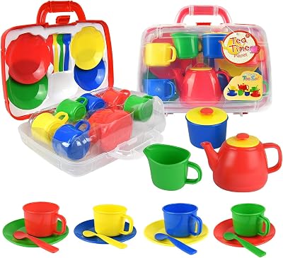 Vinsani 15 Piece Colourful Plastic Tea Party Set for Kids 3+ with Case