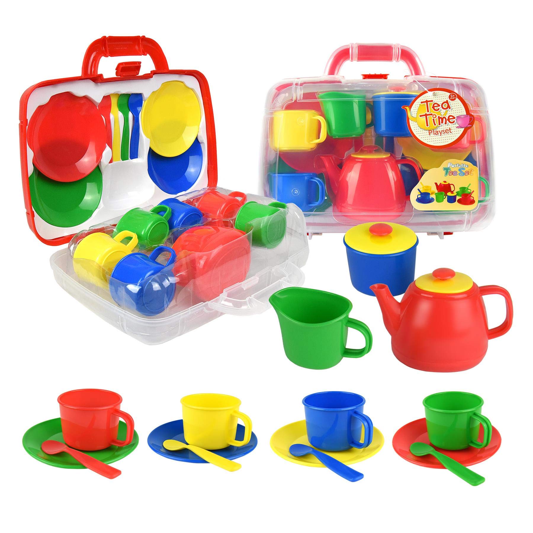 Vinsani 15 Piece Colourful Plastic Tea Party Set for Kids – Includes Teapot, Cups, Saucers, Jug, Sugar Bowl & Spoons – Pretend Play Toy with Portable Carry Case – Boys & Girls Age 3+