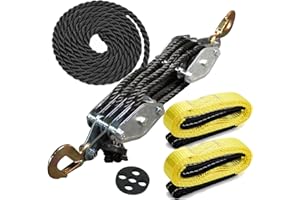 2 Ton Rope Hoist Pulley System with 2 Sling Strap, Wheel Block and Tackle System 4400 LBS Breaking Strength 3/8" 65 Feet Rope