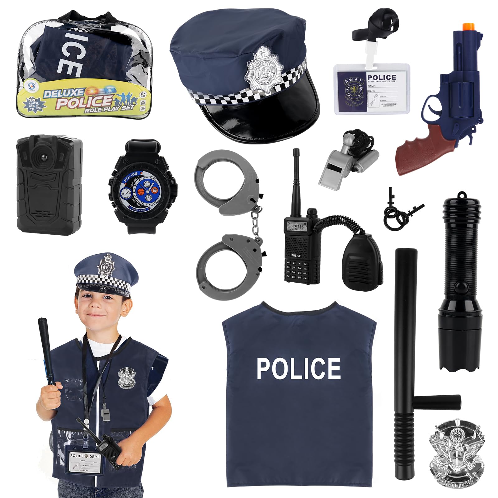 Foreverup Police Costume Kids, 12PCS Police Pretend Play Accessories with Police Vest Cap Badge Toy Shotgun Handcuff, Kids Fancy Dress for Boys Girls Roleplay, Carnival, Halloween, STEM Learning