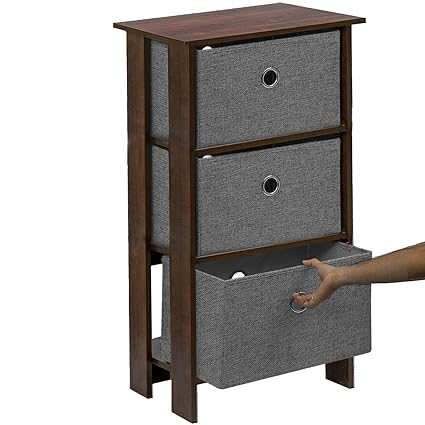 Klaxon Protea Wooden Table Storage Cabinet with 3 Fabric Drawer Chest - Walnut & Grey