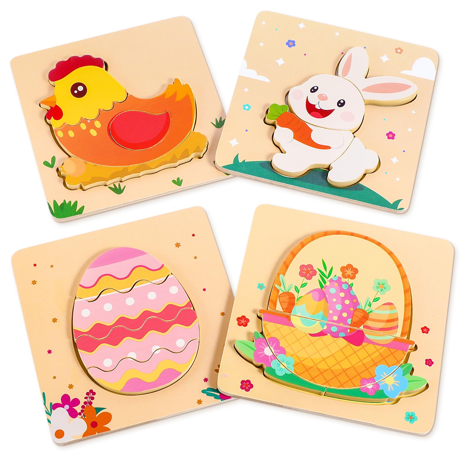 Easter Wooden Puzzles for Toddler - 4 Pack Basket Stuffers Fillers Puzzle Toys for Boys Girls, Jigsaw Learning Educational Gifts Party Favors for Kids