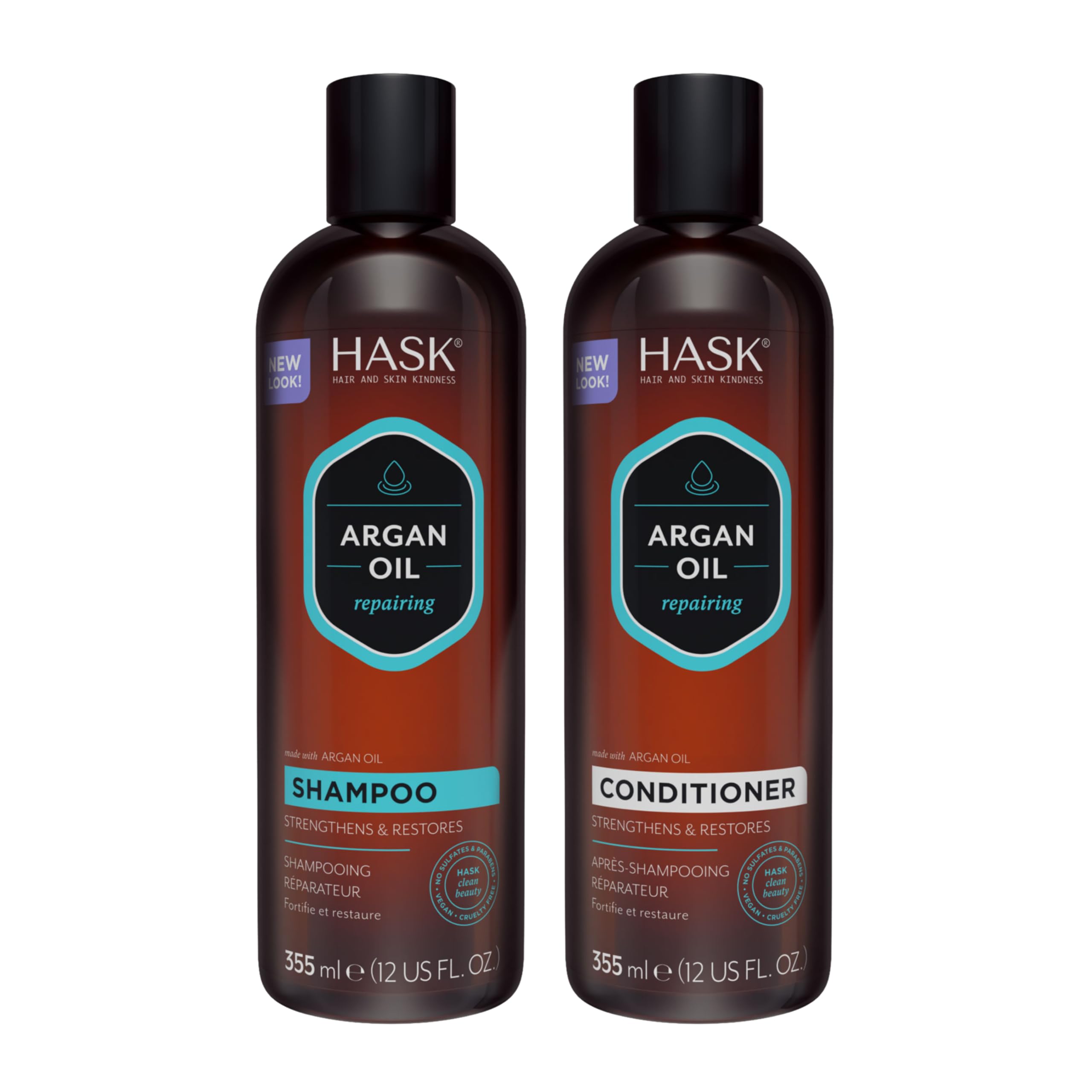 HASK Argan Oil Repairing Shampoo and Conditioner Set for All Hair Types, Colour Safe, Gluten-Free, Sulfate-Free, Paraben-Free, Cruelty-Free - 1 Shampoo and 1 Conditioner