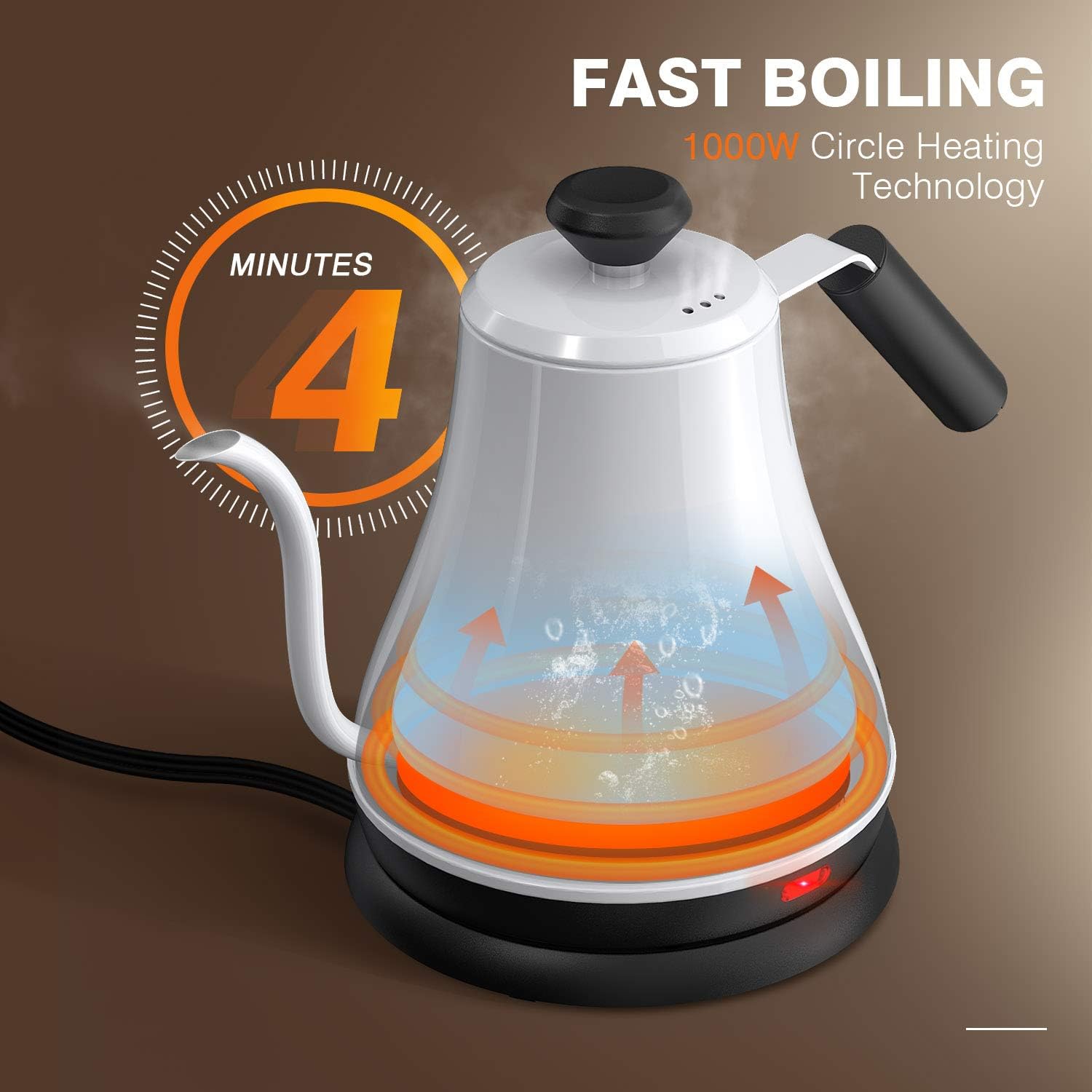 HadinEEon Electric Gooseneck Kettle 100% Stainless Steel BPA-Free Tea Kettle, Electric Pour Over Coffee Kettle Pot Portable Cordless Teapot with Auto Shut-Off Protection, 1000 Watt, 0.8L- White: Kitchen & Dining