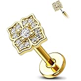 COCHARM 14K Real Gold Cartilage Tragus Earring Stud Leaves Flat Back 16g Yellow Gold Push Pin Cartilage Tragus Jewelry 8mm 6mm Square Threadless Conch Piercing