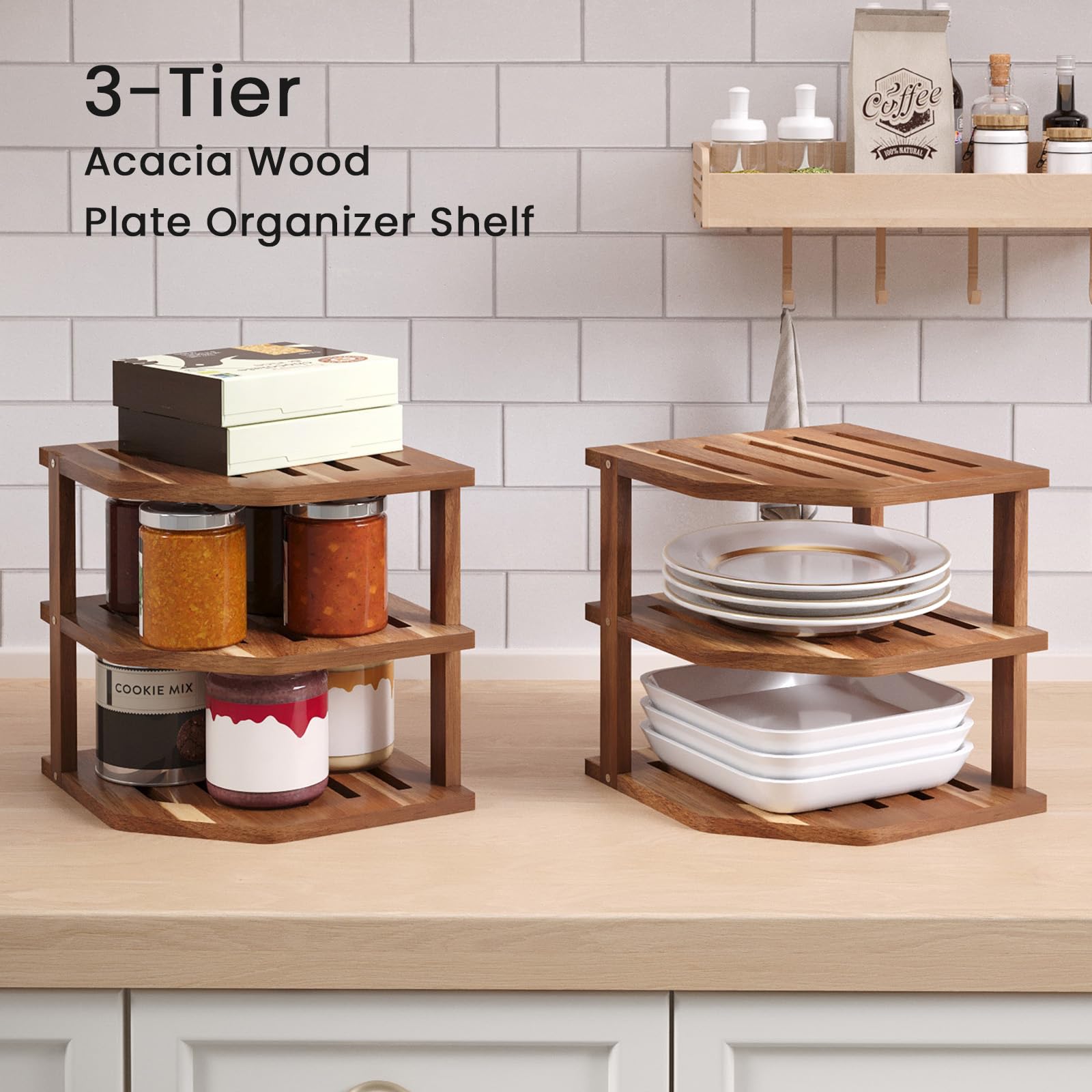 Condition photo showing New/Like New for vertorgan 3 tier acacia wood corner shelf(2 pack),dish drying rack,plate organizer,kitchen spice rac