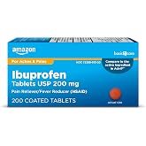 Amazon Basic Care Ibuprofen Tablets, Fever Reducer and Pain Relief from Body Aches, Headache, Arthritis Pain and More, Brown 200 Count