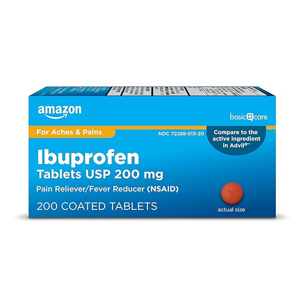 AMAZON BASIC CARE IBUPROFEN TABLETS, FEVER REDUCER AND PAIN RELIEF FROM BODY ACHES, HEADACHE, ARTHRITIS AND MORE, BROWN, 200 COUNT (PACKAGING MAY VARY)