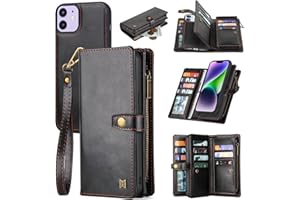 QIXIU Wallet Case Compatible with iPhone 11,Multifunctional 2 in 1 Magnetic Case Wallet,Durable PU Leather Flip Lanyard Strap Wristlet Zipper Card Holder Phone Case for iPhone 11 (Black)