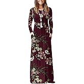 GRECERELLE Women Long Sleeve Casual Round Neck Loose Solid Floral Maxi Long Dress with Pockets, S-3XL