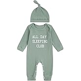 Fernvia Newborn Baby Boy Clothes Letters Print Bodysuit 3 6 9 12 18 Months Long Sleeve Jumpsuit with Hat 2PCS Outfits Set (A Green, 9-12 Months)