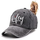 MANMESH HATT Embroidered Wifey Ponytail Hat Vintage Washed Adjustable Denim Baseball Cap for Women
