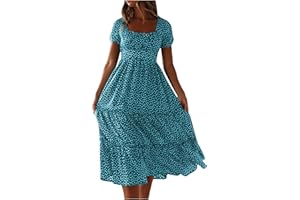 YMADREIG Dresses for Women 2024 Polka Dots Print Boho Dresses Casual Summer Midi Dress A Line Tiered Ruffle Flowy Dress
