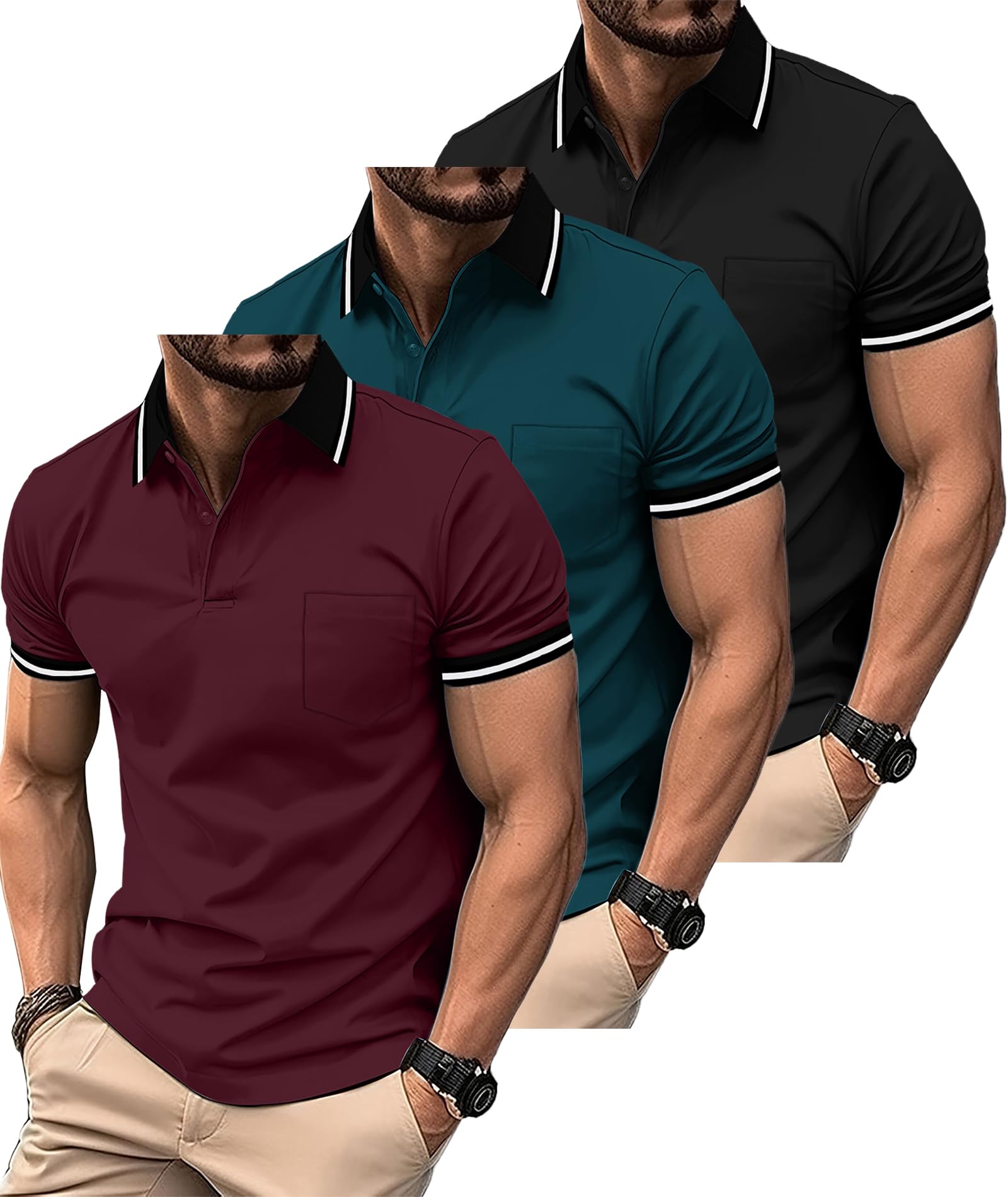 Photo 1 of ZITY 3 Pack Men Polo Shirts Short Sleeve with Pocket Sport Wicking Shirts for Men Casual Athletic Collared T-Shirts