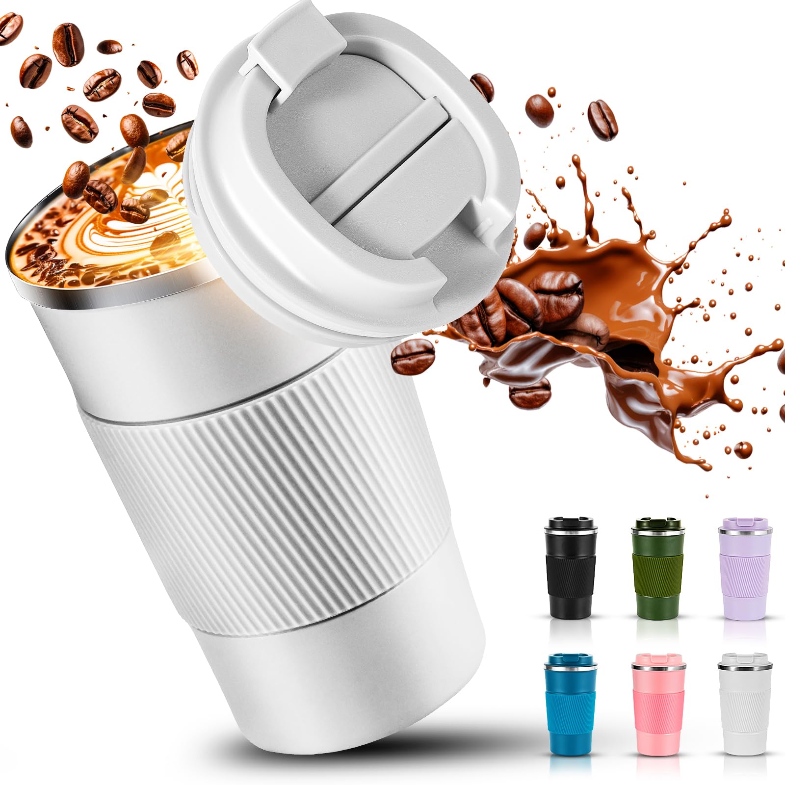 SENBSLAN Travel Mug,510ml Insulated Coffee Cup with Leakproof Lid,Non-Slip Coffee Travel Mugs for Hot Drinks,Double Walled Stainless Steel Thermal Mugs for Hot Cold Drinks (White)