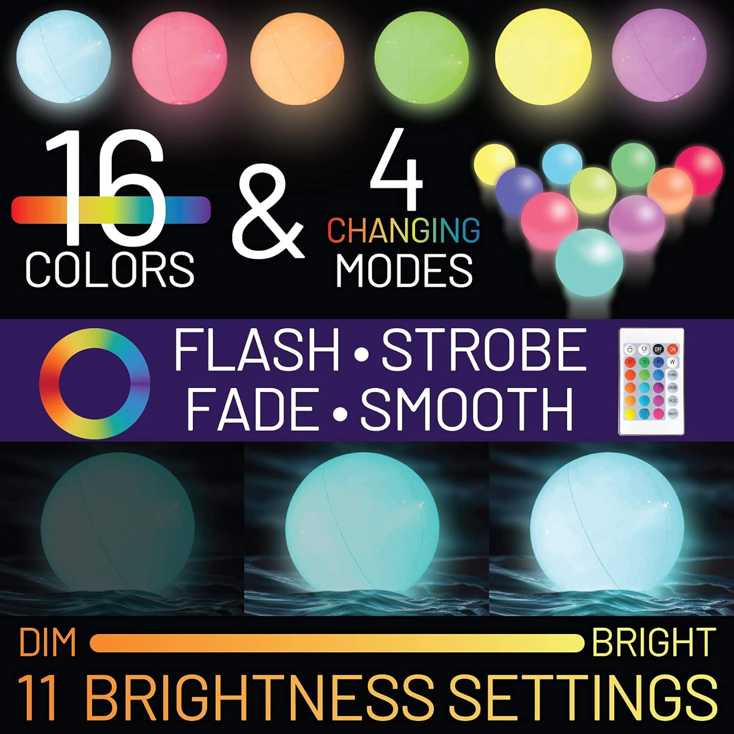 Pool Toys 16" LED Beach Ball Toy with 16 Color Changing Lights, Pool Games Beach Party Outdoor Games for Teens Adults Family, Glow in The Dark Party Supplies (1PC): Sports & Outdoors