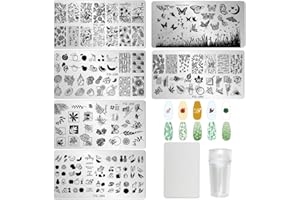 AddFavor 6pcs Nail Stamper Kit Summer Nail Stamping Plate Plant Butterfly Flower Leaves Image Nail Stencils with Silicone Nail Stamp and Scraper for Women Nail Design Tools