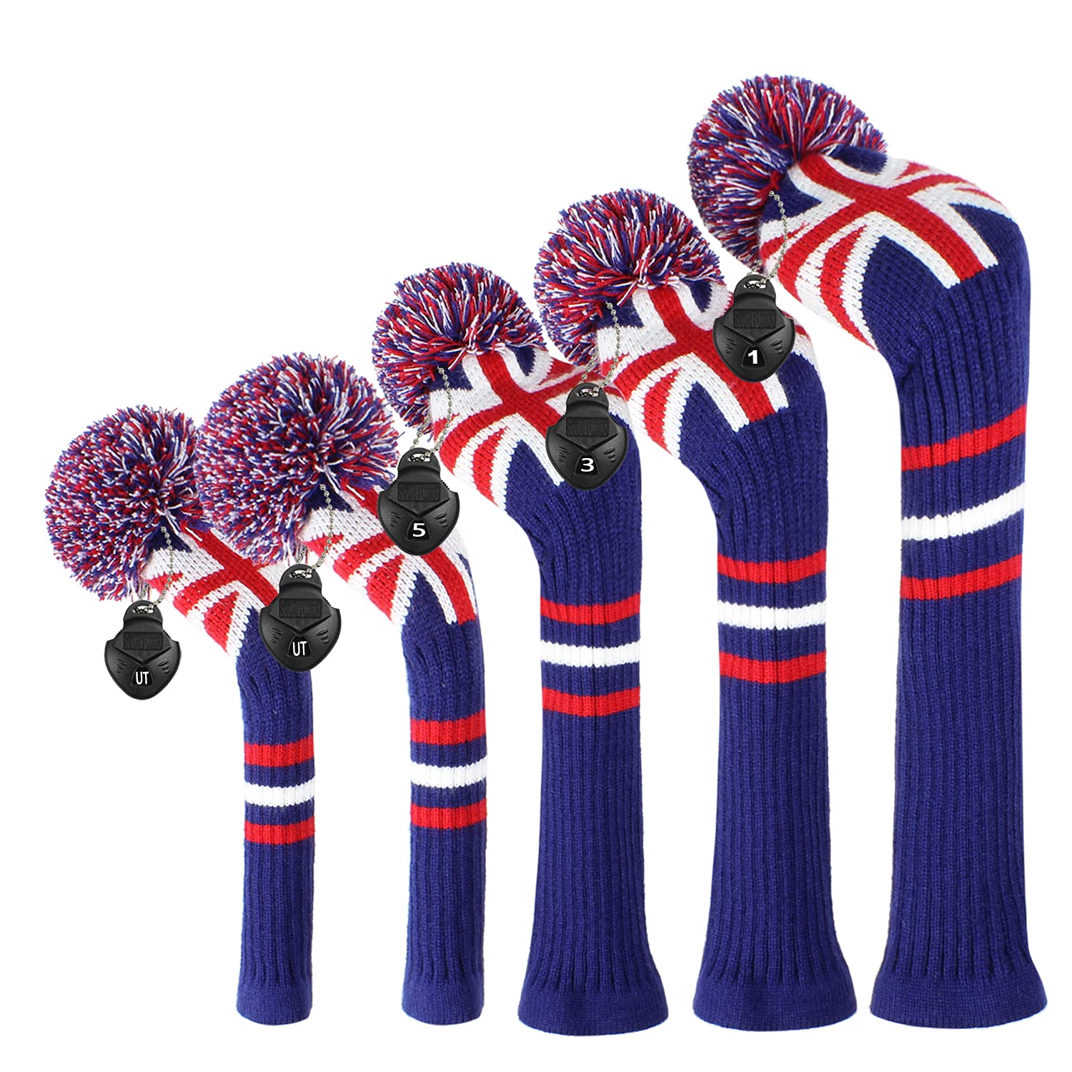 Golf Head Covers for Woods 5 PCS Knit Golf Club Cover Driver Cover*1 Fairway Wood*2 Hybrid (UT)*2, Stain Resistant&Washable, with Fluffy Pom Poms (UK Stripes)