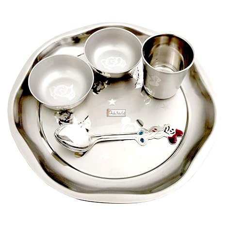 Prisha India Craft Stainless Steel Kids Little King Dinner Thali Set, 5 Pieces, Diameter 9.00 Inch