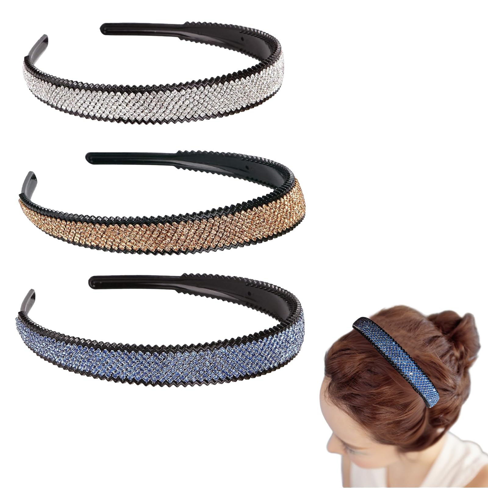 3 Pieces Women's Headband with Rhinestones, Wide Headband with Teeth, Fashion Elastic Crystal Hair Band, Three Colour Rhinestones, for Daily Wear, Wedding, Party (Champagne, White, Sky Blue)
