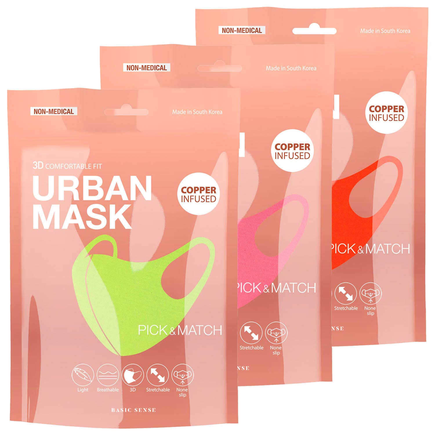 Basic Sense 3 Pack - Copper Infused Washable Reusable plain Face Coverings Masks Made in South Korea (Neon 3 Pack)