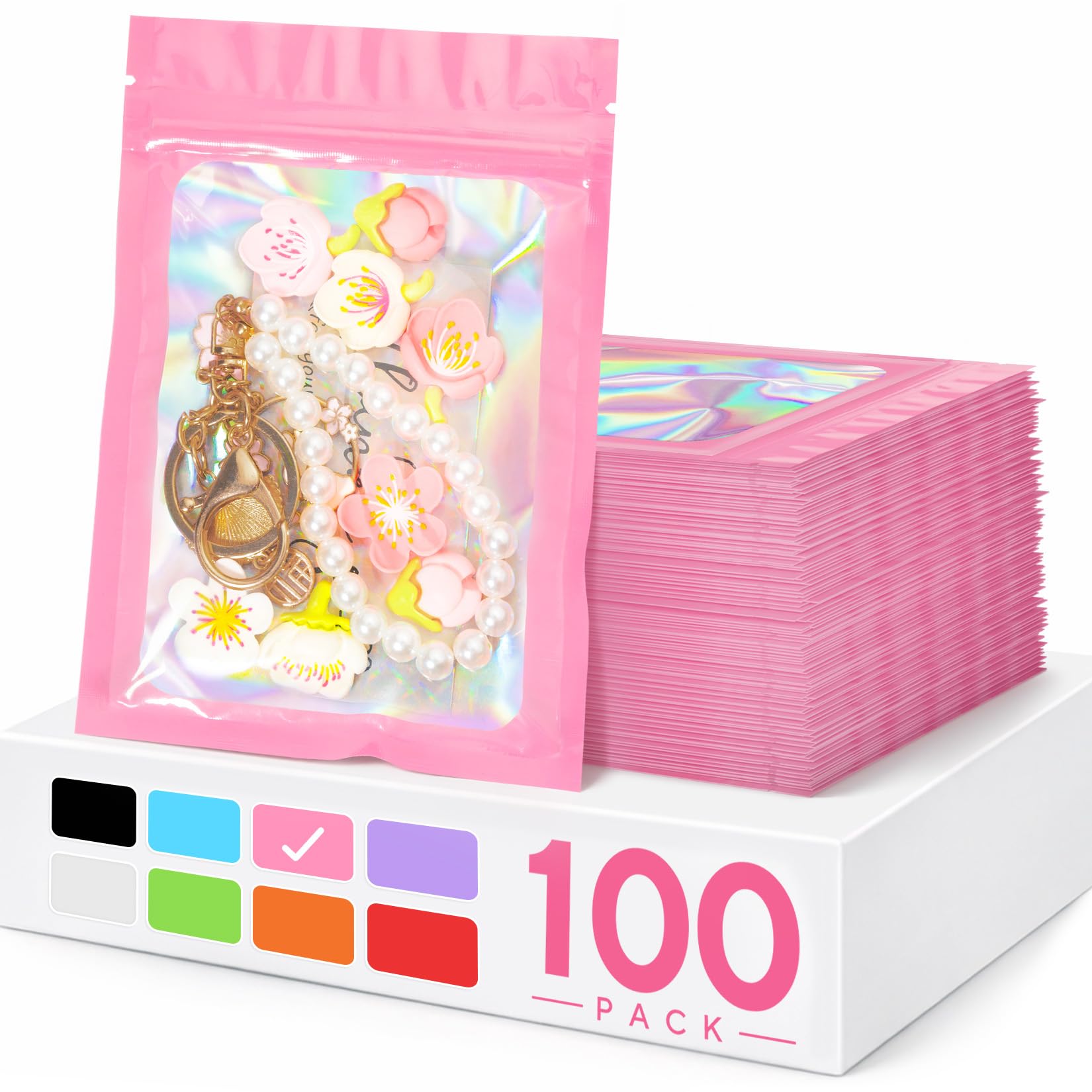 Photo 1 of 100 Pack Holographic Mylar Bags, Small Packaging Bags with Clear Window, Resealable Bag for Small Business, Candy Jewelry Sample Packaging (Pink, 2.4 x 3.9 Inch)