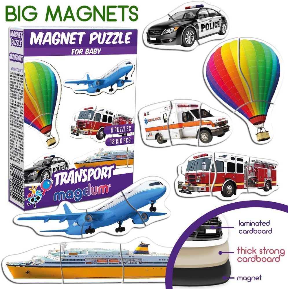 Transport Magnetic Puzzle for Kids, Magdum, 6 Vehicle Puzzles with 18 Magnetic Pieces - Image 3