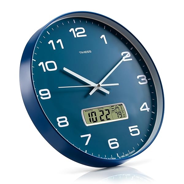TIMESS WALL CLOCK, 14″ LARGE DIAL NON-TICKING SILENT BATTERY OPERATED ANALOG WITH LCD DISPLAY FOR PERPETUAL CALENDAR AND F° TEMPERATURE, IDEAL MODERN HOME, BEDROOM, KITCHEN, OFFICE DECOR (BLUE)