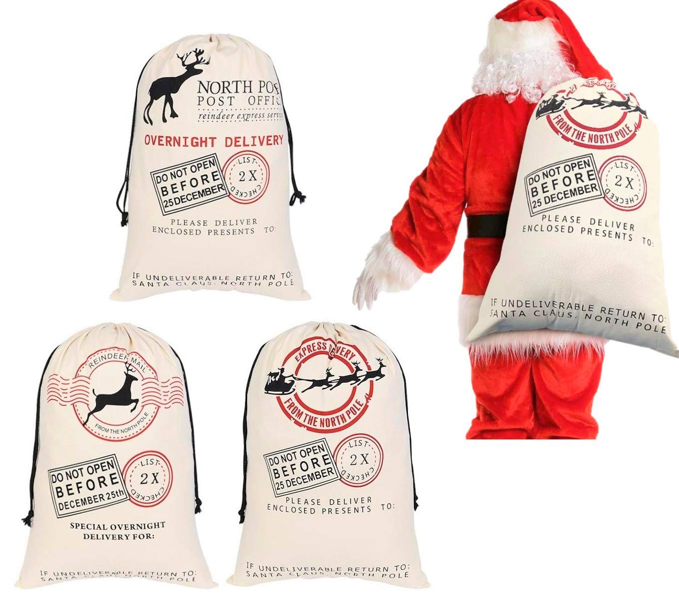 KAHEIGN 3Pcs Christmas Bag Santa Sack Canvas Bag with White Drawstrings - Christmas Elk Express Delivery Bags Gift Bags Extra Large Size 70 x 50cm
