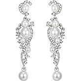 EVER FAITH Women's Austrian Crystal Cream Simulated Pearl Bridal Vine Dangle Earrings Clear