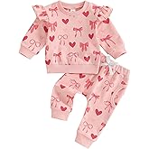 Honganda Fashion Baby Girl Valentine's Day Outfit Long Sleeve Ruffle Bow Heart Sweatshirt with Casual Pants Fall 2Pcs Set