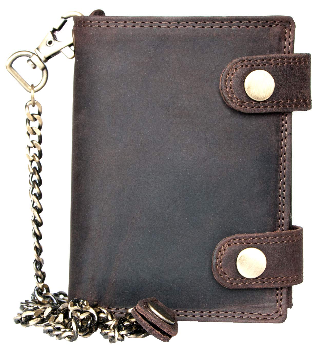FLW Brown RFID Genuine Leather Wallet with Two Buckles and Metal Chain
