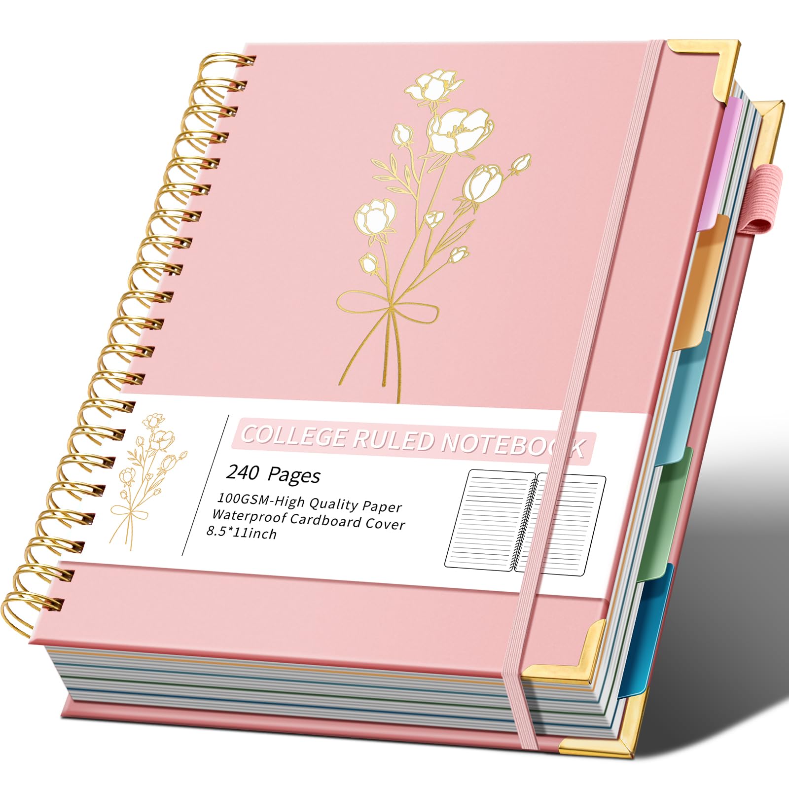 Photo 1 of Ovesmusl Hardcover Spiral Notebooks 8.5" X 11" Note Taking 5 Subject Notebook College Ruled with Dividers 240 Pages 100GSM Aesthetic Spiral Notebook for Work School Cute Journals for Women Writing