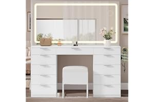 YITAHOME 46" Vanity Table with LED Lighted Mirror, Makeup Desk with 11 Drawers, Cushioned Storage Stool, Vanity Set with Power Outlet & Magnifying Mirror
